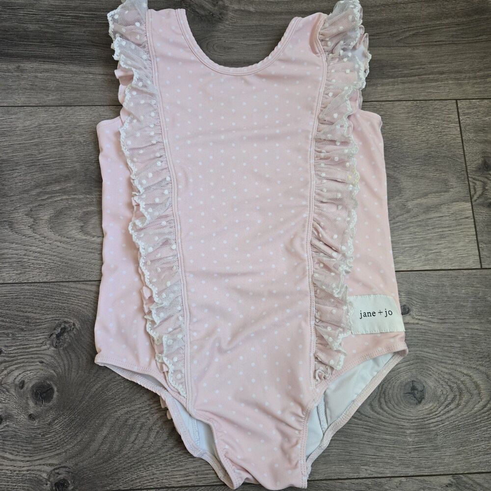 ​jane + jo Pink Polka Dot Ruffle One Piece Swimsuit Girls Size 7Y Lace Trim Swim